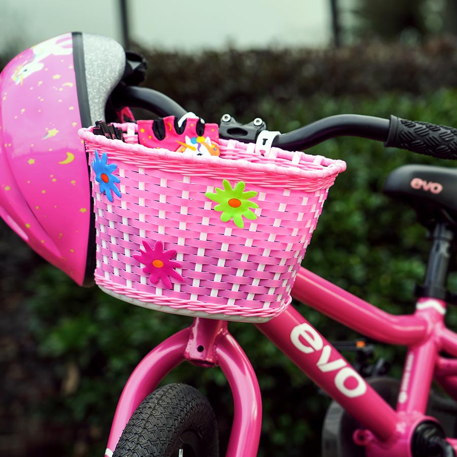 Pink Woven Evo Flower Kids Bicycle Basket on Pink Bike